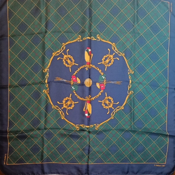 St Andrews Links Accessories - St Adndrews Links Golf Scottish Blue and Green Silk Scarf with Gold Accents